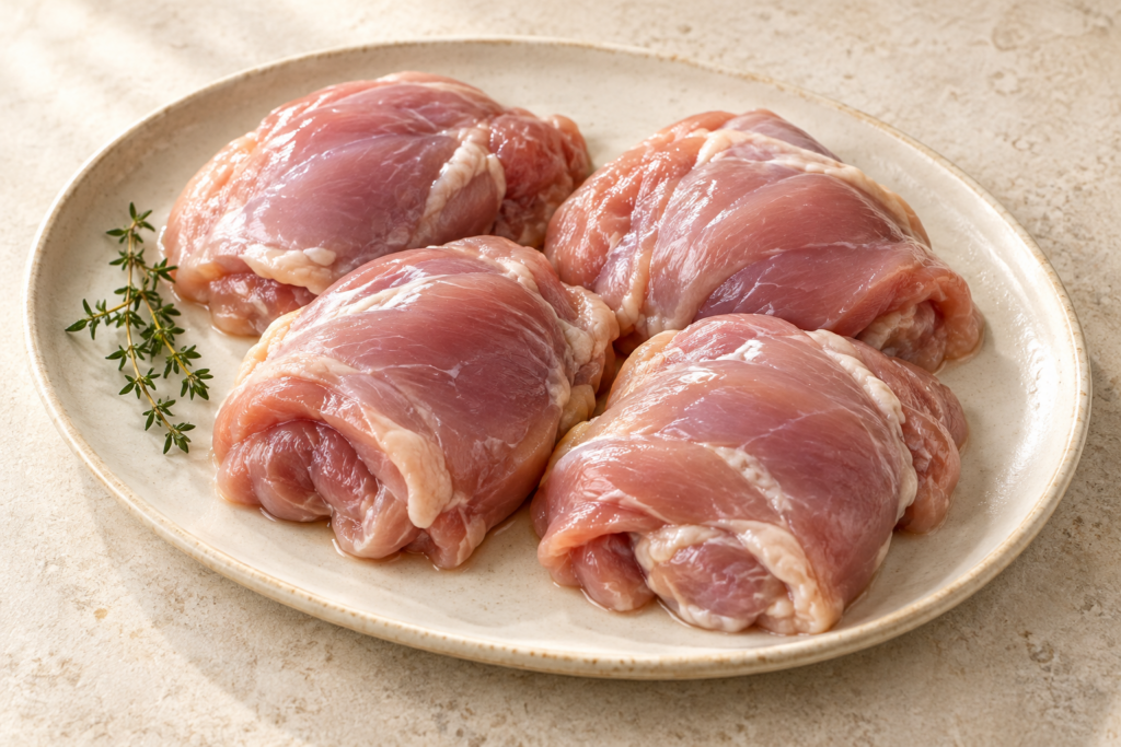 Raw boneless skinless chicken thigh meat on a cream platter