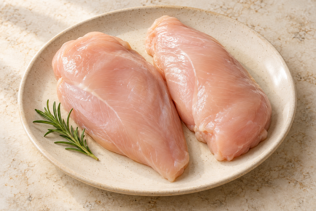 Raw boneless skinless half chicken breast fillets