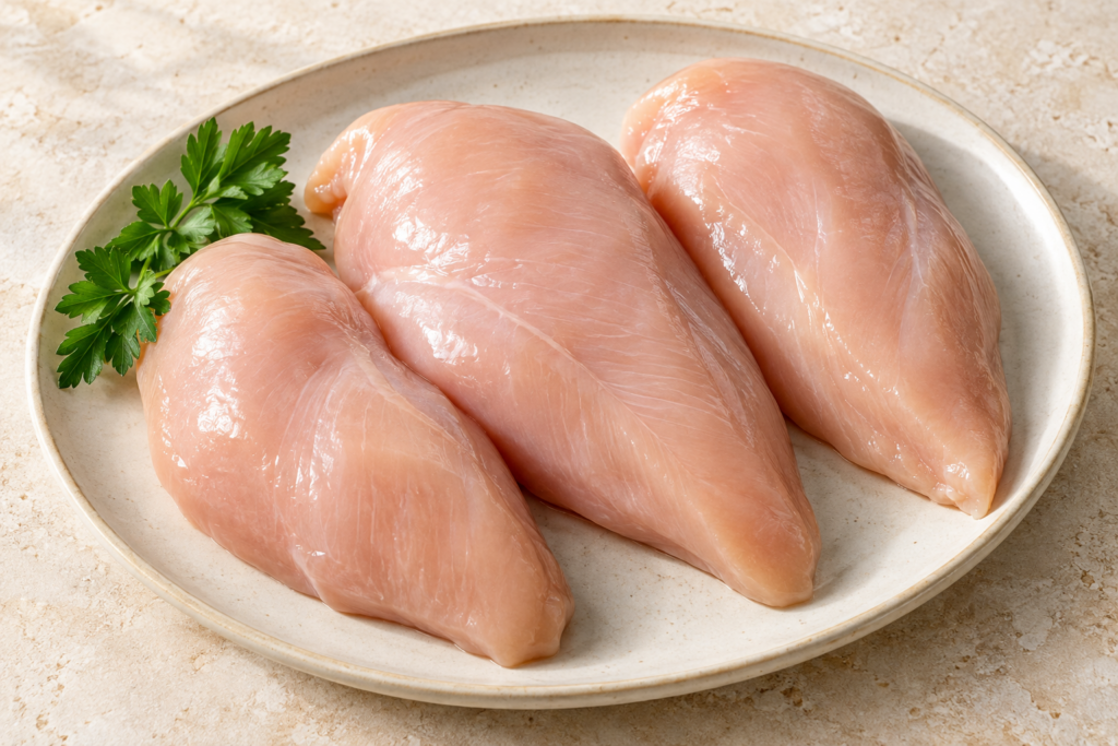 Raw boneless skinless chicken breasts on a cream platter