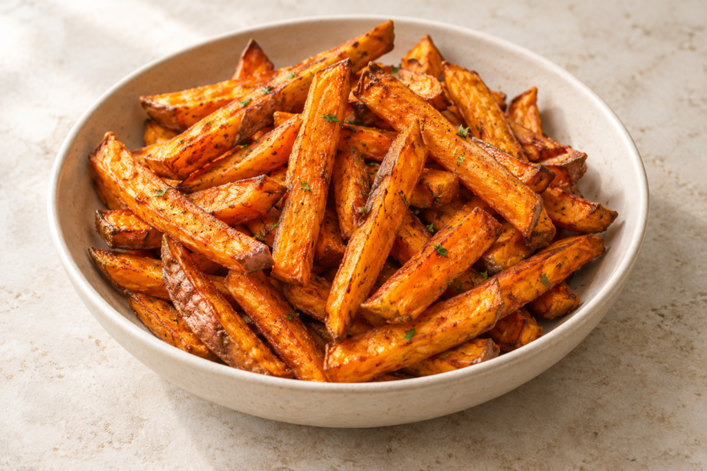 Golden orange sweet potato fries in a cream bowl